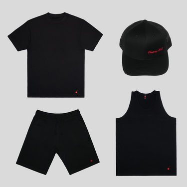 Ultimate short set bundle – black tee, shorts, tank, and mesh hat for full summer fit